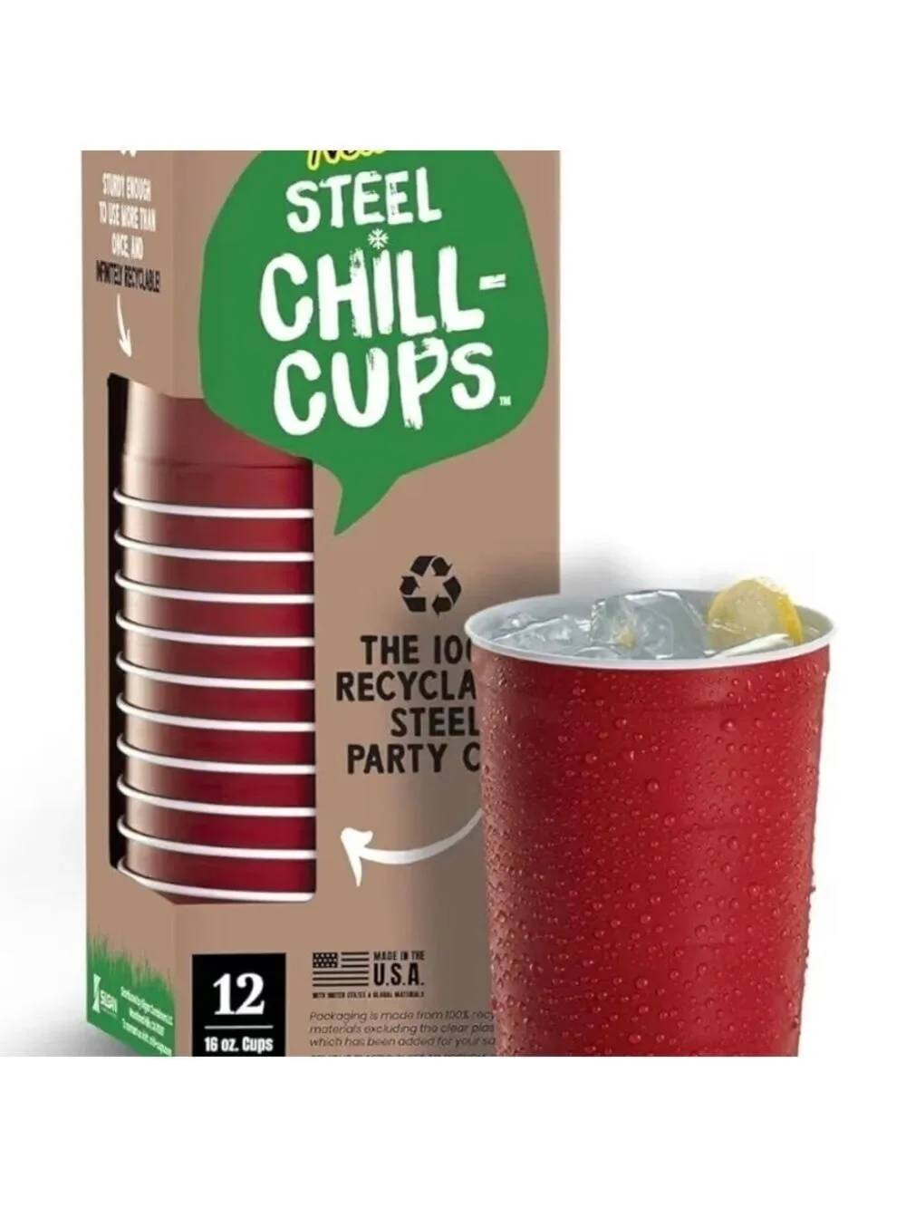 Red Steel Chill Cups Eco Friendly Party Cups Recyclable Made in USA